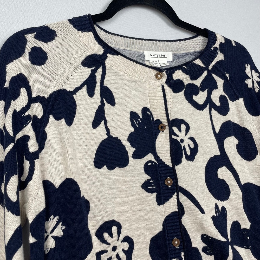 White Stuff Floral Organic Cotton Cardigan Navy Blue Cream US 10 UK 14 - Picture 4 of 10